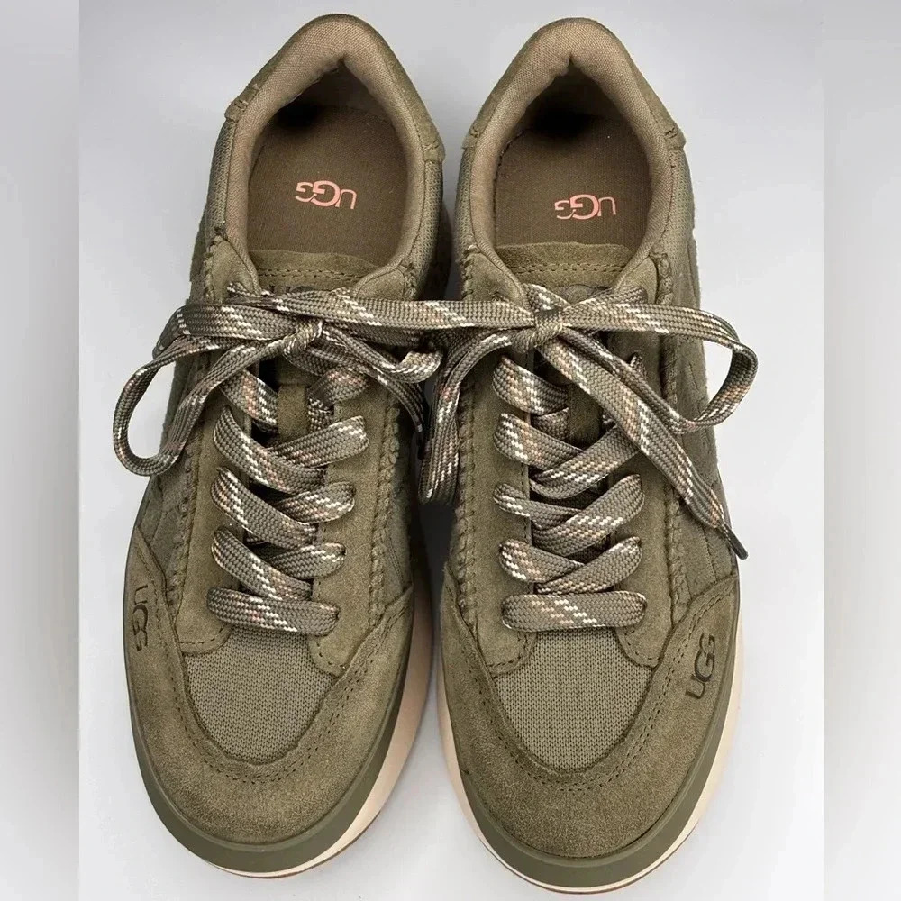 NEW   UGG Logo Marin Lace Burnt Olive Green Platform Sneakers.